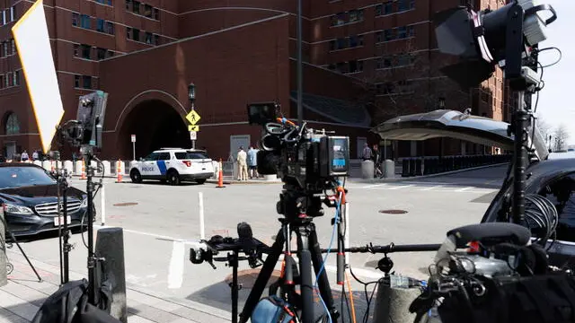 epa10572578 Television news crews set up outside the John Joseph Moakley Federal Courthouse, where the hearing for Jack Douglas Teixeira, who served as an Air National Guardsman and is now a suspect in a US intelligence leak, is to be held in Boston, Massachusetts, USA, 14 April 2023. Teixeira was taken into custody at his home in North Dighton, Massachustts, on 13 April 2023, by US authorities, as confirmed by the US Attorney General in a statement, as part of a Justice Department inquiry into the intelligence documents which were leaked online starting in March 2023. EPA/CJ GUNTHER