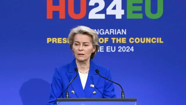 epa11710220 European Commission President Ursula von der Leyen attends a press conference with Hungarian Prime Minister Viktor Orban and European Council President Charles Michel following an informal summit of the European Council in Puskas Arena in Budapest, Hungary, 08 November 2024. EPA/ZOLTAN MATHE HUNGARY OUT