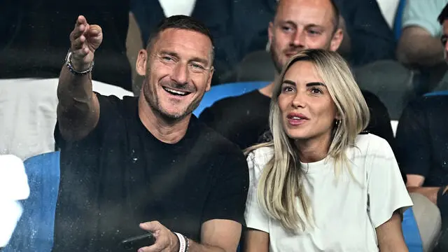 Drancesco Totti and Noemi Bocchi prior Serie A match, Genoa CFC vs As Roma at Luigi Ferraris stadium in Genoa, Italy, 28 september 2023. ANSA/LUCA ZENNARO