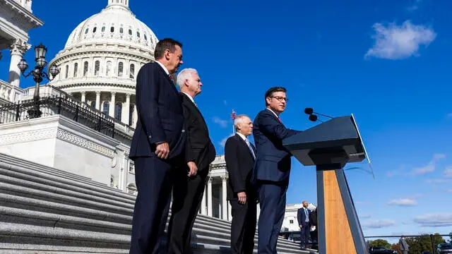 epa11716597 Republican Speaker of the House Mike Johnson (R), along with Chairman of the National Republican Congressional Committee Richard Hudson (L), House Majority Whip Tom Emmer (C-L), and House Majority Leader Steve Scalise (C-R), speaks at a post-election press conference outside the US Capitol in Washington, DC, USA, 12 November 2024. In a sweeping election victory, Republicans were able to take control of both chambers of Congress, in addition to the presidency. EPA/JIM LO SCALZO