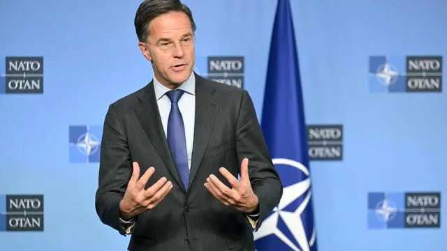 epa11717723 NATO chief Mark Rutte talks to the press before his meeting with the US Secretary of State at NATO's headquarters during a one-day visit for Ukraine talks with NATO chief, European Union diplomacy boss and Ukraine's Foreign Minister, in Brussels, Belgium, 13 November 2024. EPA/NICOLAS TUCAT / POOL