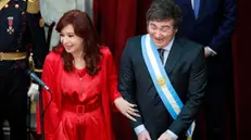 epa11021499 President of Argentina Javier Milei (R) is greeted by the outgoing vice president of Argentina Cristina Fernandez during the ceremony in the National Congress, Buenos Aires, Argentina, 10 December 2023. The far-right libertarian economist Milei will be sworn in at the National Congress to become president of the South American country for the period 2023-2027 after winning the runoff election on 19 November. EPA/Demian Alday Estevez