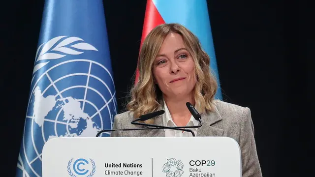 epa11717790 Italian Prime Minister Giorgia Meloni speaks during the UN Climate Change Conference COP29 in Baku, Azerbaijan, 13 November 2024. The Azerbaijani capital of Baku hosts the 2024 United Nations Climate Change Conference (COP29) from 11 to 22 November 2024. EPA/IGOR KOVALENKO