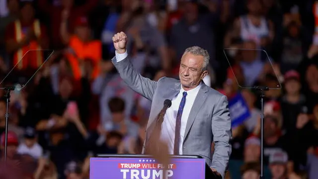 epa11696824 Robert F. Kennedy Jr. speaks at an event where Republican presidential candidate Donald J. Trump will speak during a campaign event at Fiserv forum in Milwaukee, Wisconsin, USA, 01 November 2024. Trump is running against Democratic presidential candidate US Vice President Kamala Harris and the United States will hold its election on 05 November 2024. EPA/JEFFREY PHELPS