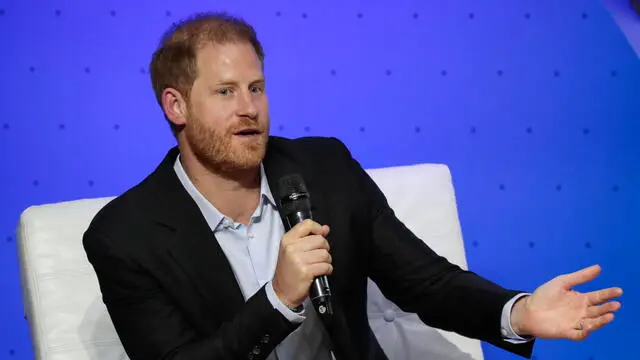 epa11550819 Britain's Prince Harry speaks during the 'Responsible Digital Future' forum at EAN University in Bogota, Colombia, 15 August 2024. The Duke and Duchess of Sussex began a four-day visit to Colombia, where they will tour different parts of the country, learn about its culture and rich biodiversity, and address current issues such as cyberbullying and online violence in schools and forums. EPA/Carlos Ortega