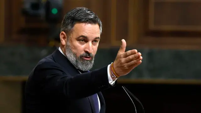 epa11359596 President of the right-wing party Vox, Santiago Abascal, attends a plenary session at the Parliament's Lower Chamber, in Madrid, Spain, 22 May 2024. The Spanish prime minister announced that Spain will recognize the state of Palestine on 28 May 2024. EPA/JJ Guillen