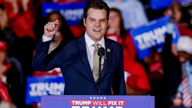 epa11701620 Republican US Representative from Florida Matt Gaetz speaks before Republican vice presidential nominee and Ohio Senator JD Vance participates in an Election Day eve campaign rally in the Cobb County area of Atlanta, Georgia, USA, 04 November 2024. Vance is the running mate of former US president Donald Trump. The US Election Day is 05 November 2024. EPA/ERIK S. LESSER