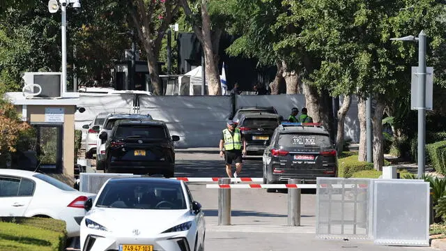 epa11668075 Israeli police at the scene targeted by unmanned aerial vehicle (UAV) fired from Lebanon, in Caesarea, Israel, 19 October 2024. According to Israeli military, three UAVs were identified crossing from Lebanon into Israel, two were intercepted and one hit a structure in the area of Caesarea. Spokesman of Israeli Prime Minister Netanyahu's office confirmed that the UAV targeted the prime minister's residence, but neither he nor his wife were home and no casualties were reported. EPA/ABIR SULTAN