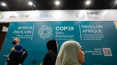 epa11727041 Participants pass next to the Africa pavilion at the UN Climate Change Conference COP29 in Baku, Azerbaijan, 18 November 2024. The Azerbaijani capital of Baku hosts the 2024 United Nations Climate Change Conference (COP29) from 11 to 22 November 2024. EPA/ANATOLY MALTSEV