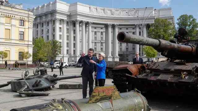 epa10617199 The President of the European Commission Ursula von der Leyen (C-R) visits the exhibition of destroyed Russian military machinery near the St. Mykhailivsky Cathedral in Kyiv, Ukraine, 09 May 2023. Von der Leyen arrived in Kyiv to meet with top Ukrainian officials. President Zelensky announced that from now on May 09 will be annually celebrated as 'Europe Day' in Ukraine. Also on that day, some countries mark the 78th anniversary of Victory Day, the unconditional surrender of Nazi Germany on 08 May 1945, and the Allied Forces' victory, which marked the end of World War II in Europe. EPA/SERGEY DOLZHENKO