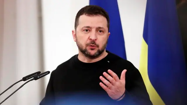 epa11069672 Ukrainian President Volodymyr Zelensky speaks during a press conference after his meeting with Latvian President Edgars Rinkevics (not pictured) in Riga, Latvia, 11 January 2024. Zelensky has made visits to Lithuania, Estonia and Latvia, as part of his tour of the Baltic countries from 10 to 11 January, where he met with top officials to discuss support for Ukraine amid the Russian invasion as well as Ukrainian 'integration into the EU and NATO' and security. EPA/TOMS KALNINS