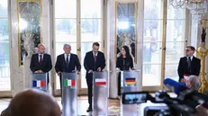 epa11728797 (L-R) France's Minister for Europe and Foreign Affairs Jean-Noel Barrot, Italian Deputy Prime Minister and Foreign Minister Antonio Tajani, Polish Foreign Minister Radoslaw Sikorski and German Foreign Minister Annalena Baerbock attend a press conference at the Palace on the Isle in the Royal Baths Park in Warsaw, Poland, 19 November 2024. The heads of diplomacy of Poland, Germany, France, and Italy, with the remote participation of British and Spanish foreign ministers, meet in Warsaw to discuss issues related to European defense and transatlantic relations in the current geopolitical situation. EPA/MARCIN OBARA POLAND OUT