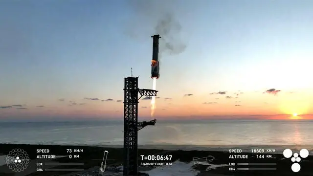 epa11657229 A still image taken from a handout video made available by SpaceX shows SpaceX’s “Mechazilla†(L) mechanical arms ready to catch the Super Heavy rocket booster (R) mid-air as it makes a vertical landing following the launch of the unmanned Starship, at SpaceX’s Starbase facility in Boca Chica, Texas, 13 October 2024. The successful catching of the booster was the world’s first. EPA/SPACE X HANDOUT -- MANDATORY CREDIT: SPACEX HANDOUT EDITORIAL USE ONLY/NO SALES