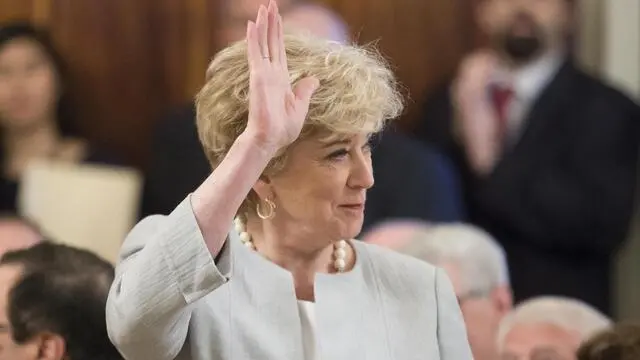 epa06850596 Administrator of the Small Business Administration Linda McMahon is introduced by US President Donald J. Trump during an event to celebrate the six-month anniversary of the Tax Cuts and Jobs Act, in the East Room of the White House in Washington, DC, USA, 29 June 2018. EPA/MICHAEL REYNOLDS