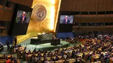 epa11622338 United Nations (UN) Secretary-General Antonio Guterres (C) speaks during the General Debate of the 79th session of the United Nations General Assembly at United Nations Headquarters in New York, New York, USA, 24 September 2024. The annual high-level General Debate gathers world leaders from 24 to 28 September, and 30 September under the theme, 'Leaving no one behind: acting together for the advancement of peace, sustainable development and human dignity for present and future generations'. EPA/SARAH YENESEL