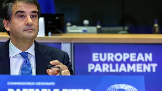 epa11715800 European Commission's Executive Vice-President-designate for Cohesion and Reforms Raffaele Fitto attends his confirmation hearing before the European Parliament committees in Brussels, Belgium, 12 November 2024. EPA/OLIVIER MATTHYS