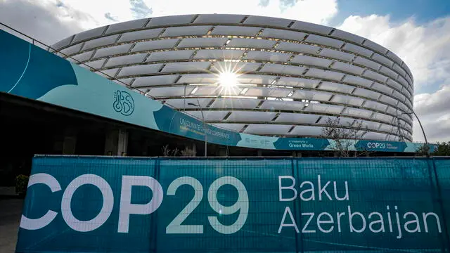 epa11730560 An installation with the COP29 logo is on display near the venue of the United Nations Climate Change Conference COP29 in Baku, Azerbaijan, 20 November 2024. The Azerbaijani capital of Baku hosts the 2024 United Nations Climate Change Conference (COP29) from 11 to 22 November 2024. EPA/ANATOLY MALTSEV