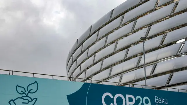 epa11730559 An installation with the COP29 logo is on display near the venue of the United Nations Climate Change Conference COP29 in Baku, Azerbaijan, 20 November 2024. The Azerbaijani capital of Baku hosts the 2024 United Nations Climate Change Conference (COP29) from 11 to 22 November 2024. EPA/ANATOLY MALTSEV