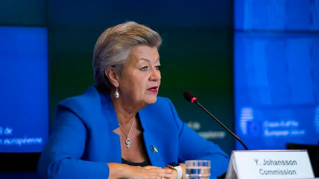 epa11653331 European Commissioner for Home Affairs Ylva Johansson speaks during a press conference following the informal meeting of justice and interior ministers of the European Union in Luxembourg City, Luxembourg, 10 October 2024. EPA/Boglarka Bodnar HUNGARY OUT