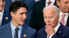 epa11729504 US President Joe Biden (R) and Canadian Prime Minister Justin Trudeau (L) take part in an official photo at the end of the second day of the G20 Summit of Heads of State, in Rio de Janeiro, Brazil, 19 November 2024. The G20 Summit brings together leaders from 55 nations and organizations on 18 and 19 November at the Museum of Modern Art in Rio de Janeiro. EPA/ANDRE COELHO