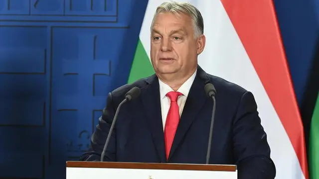 epa11721430 Hungarian Prime Minister Viktor Orban speaks during his joint press conference with Serbian President Aleksandar Vucic, following the session of the Hungarian-Serbian Strategic Cooperation Council at the PM's office, the former Carmelite Monastery, in Budapest, Hungary, 14 November 2024. EPA/Zoltan Mathe HUNGARY OUT