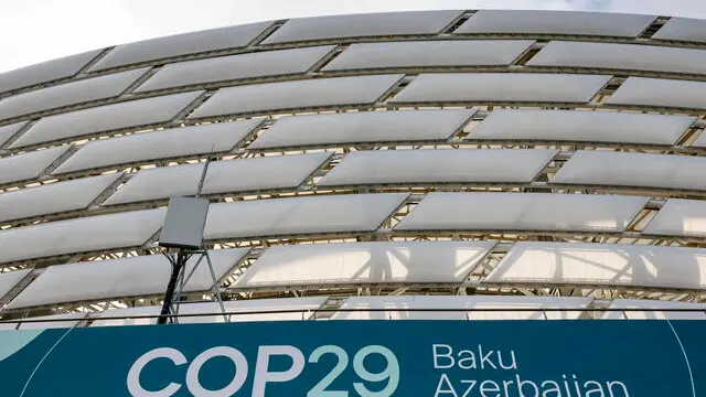 epa11730554 An installation with the COP29 logo is on display near the venue of the United Nations Climate Change Conference COP29 in Baku, Azerbaijan, 20 November 2024. The Azerbaijani capital of Baku hosts the 2024 United Nations Climate Change Conference (COP29) from 11 to 22 November 2024. EPA/ANATOLY MALTSEV