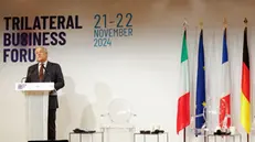 epa11733247 Italian Minister of Foreign Affairs and International Cooperation Antonio Tajani delivers a speech during the French-German-Italian business forum in Paris, France, 21 November 2024. The 6th edition of the France-Germany-Italy Trilateral Economic Forum is held in Paris on 21 and 22 November 2024. EPA/MOHAMMED BADRA