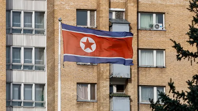 epa11691983 The Democratic People's Republic of Korea (DPRK)â€™s National flag waves on the embassy building in Moscow, Russia, 30 October 2024. North Korean state news agency KCNA and Russian officials on 30 October confirmed that North Korean Foreign Minister Choe Son Hu was traveling to Moscow after arriving in Vladivostok the previous day. Choe's visit comes after NATO joined Seoul, Washington and Kyiv in confirming Pyongyang's deployment of troops to Russia's Kursk region on the border with Ukraine. EPA/YURI KOCHETKOV