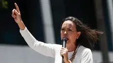 epa11679442 (FILE) - Venezuelan opposition leader Maria Corina Machado gives a speech to supporters at a rally in Caracas, Venezuela, 28 August 2024(re-issued 24 October 2024). The European Parliamentâ€™s President Roberta Metsola on 24 October 2024 announced Maria Corina Machado and Edmundo Gonzalez Urrutia the winners of the 2024 Sakharov Prize for Freedom of Thought, following the meeting of the Conference of Presidents which took the decision. EPA/RONALD PENA R