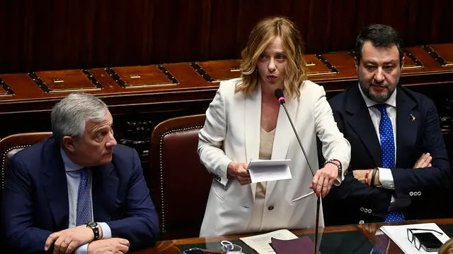 (L-R) Minister of Foreign Affairs, Antonio Tajani, Prime Minister Giorgia Meloni and Minister of Transports Matteo Salvini, at the Chamber of Deputies during the report on the upcoming European Council, Rome, Italy, 26 June 2024. ANSA/RICCARDO ANTIMIANI