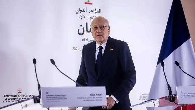 epa11680136 Lebanon's Prime Minister Najib Mikati arrives for a press conference at an international aid conference in support of Lebanon, in Paris, France, 24 October 2024. French President Macron said that his country would support Lebanon with 100 million euros as Paris hosts the aid conference 'International Conference in Support of Lebanon's People and Sovereignty'. EPA/CHRISTOPHE PETIT TESSON