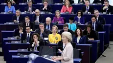 epa11743092 European Commission President Ursula von der Leyen speaks in front of the Commissioners-designate members during a debate on 'Presentation by the Commission President-elect of the College of Commissioners and its programme' at the European Parliament in Strasbourg, France, 27 November 2024. The EU Parliament's session runs from 25 till 28 November 2024. EPA/RONALD WITTEK