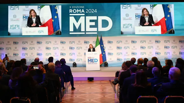 Italian Prime Minister Giorgia Meloni delivers a speech during the Rome Med - Mediterranean Dialogues conference in Rome, Italy, 27 November 2024. The MED conference is held in Rome from 25 until 27 November for high-level discussions on the most critical issues affecting the wider Mediterranean ANSA/ETTORE FERRARI
