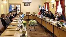 epa11323995 A handout photo made available by the Iranian Atomic Organization office shows Head of Iran's Atomic Energy Organization Mohammad Eslami (3-R) meeting with IAEA director Rafael Mariano Grossi (3-L) in Isfahan, Iran, 07 May 2024. Grossi is in Tehran to meet with top Iranian officials. EPA/IRAN ATOMIC ORGANISATION HANDOUT HANDOUT EDITORIAL USE ONLY/NO SALES HANDOUT EDITORIAL USE ONLY/NO SALES