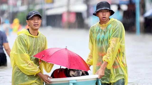 epa11745163 Thai residents carrying a basin with a dog inside wade through water at a flooded street during a downpour in central Yala, southern province, Thailand, 28 November 2024. Seven provinces in southern Thailand are facing severe flooding after heavy rains caused by a strong northeast monsoon, affecting thousands of people and forcing the closure of schools and roads, according to the Department of Disaster Prevention and Mitigation. EPA/NAKHARIN CHINNAWORNKOMOL