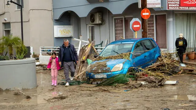 epa11751468 A car has been swept away following the passage of storm bora in Ialyssos, Rhodes, Greece, 01 December 2024. The island of Rhodes has been in a state of emergency for the last few hours as the bad weather from storm Bora is still ongoing. The road network in the municipal units of Ialyssos and Kallithea has been damaged. Kindergartens, elementary schools, high schools, and high schools in Rhodes will be closed on 02 December 2024. EPA/LEFTERIS DAMIANIDIS