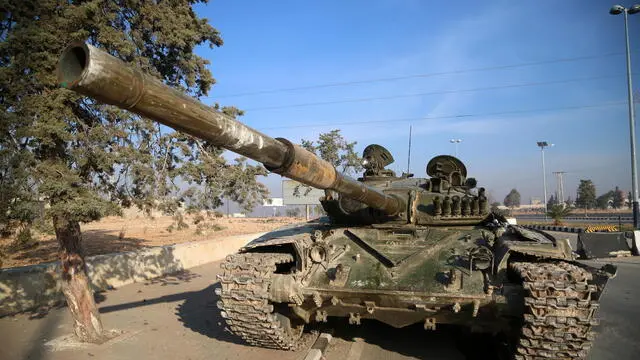 epa11752864 A tank in Aleppo after rebel forces took control of the city, in Aleppo, Syria, 02 December 2024. According to the Syrian Observatory for Human Rights (SOHR) on 30 November, militants opposing the Syrian government, seized Aleppo International Airport. Syrian opposition forces, led by the Islamist militant group Hayat Tahrir al-Sham (HTS) launched an offensive on 27 November, taking large parts of Aleppo, Syria's second-largest city. The offensive triggered counterattacks by the Syrian regime forces as well as Russian and Syrian airstrikes on opposition-controlled areas. More than 400 people, including civilians and militants have been killed since 27 November, SOHR stated, while the United Nations Office for the Coordination of Humanitarian Affairs (OCHA) stated that over 20,000 people have been internally displaced within Aleppo and to other governorates. EPA/BILAL AL HAMMOUD