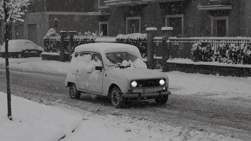 Un'automobile in via Montini, a Brescia, durante la nevicata del 14 dicembre 2012