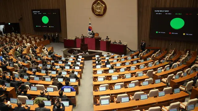 epa11754894 Ruling and opposition lawmakers unanimously vote in favor of a resolution urging the president to withdraw martial law during an emergency plenary session of National Assembly in Seoul, South Korea, early 04 December 2024. President Yoon Suk Yeol had declared martial law on 03 December night, citing the need to root out pro-North Korean forces and uphold the constitutional order. EPA/YONHAP SOUTH KOREA OUT