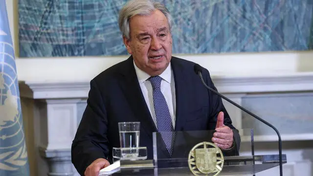 epa11743954 United Nations Secretary-General Antonio Guterres speaks at a press conference following a meeting with Prime Minister of Portugal Luis Montenegro at Sao Bento Palace in Lisbon, Portugal, 27 November 2024. EPA/MIGUEL A. LOPES