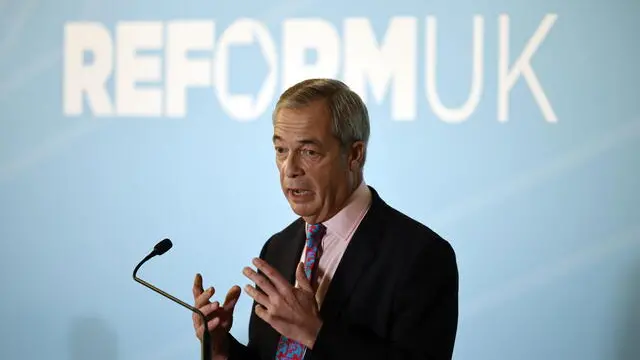epa11745250 Leader of the Reform UK Party Nigel Farage speaks at the Reform UK press conference in central London, Britain, 28 November 2024. The press conference will address the party's growth and professionalization. EPA/TOLGA AKMEN