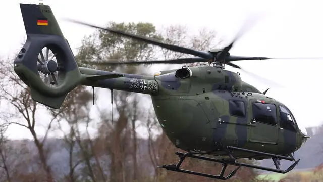 epa11727135 A H145M helicopter with German Defense Minister Boris Pistorius on board at the Airbus helicopter factory in Donauwoerth, Germany, 18 November 2024. In December 2023, the German Army Bundeswehr and Airbus Helicopters signed a contract for the purchase of up to 82 H145M multi-role helicopters (62 firm orders plus 20 options). EPA/ANNA SZILAGYI