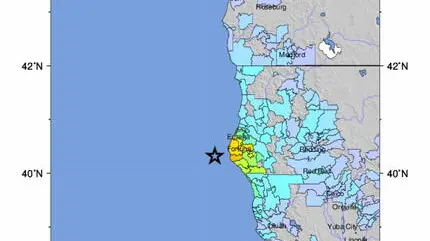 epa09652103 A handout shakemap made available by the United States Geological Survey (USGS) shows the location of a 6.2-magnitude earthquake off of the shore of Northern California, USA, 20 December 2021. EPA/USGS HANDOUT HANDOUT EDITORIAL USE ONLY/NO SALES
