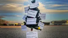 All'esterno dello stabilimento ex Fiat di Pomigliano d'Arco l'albero di Natale con i nomi dei licenziati decritto come ''dono della Stellantis' agli operai della Trasnova azienda cui il colosso automobilistico non ha ancora rinnovato la commessa per le attività nei propri siti produttivi italiani e che da ieri hanno bloccato l'accesso dei mezzi, 3 DICEMBRE 2024 ANSA / NPK