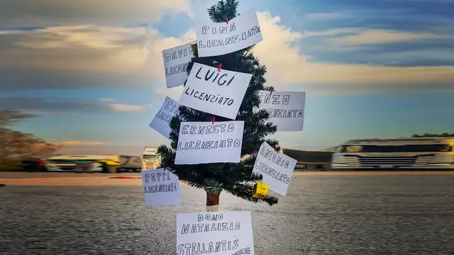 All'esterno dello stabilimento ex Fiat di Pomigliano d'Arco l'albero di Natale con i nomi dei licenziati decritto come ''dono della Stellantis' agli operai della Trasnova azienda cui il colosso automobilistico non ha ancora rinnovato la commessa per le attività nei propri siti produttivi italiani e che da ieri hanno bloccato l'accesso dei mezzi, 3 DICEMBRE 2024 ANSA / NPK