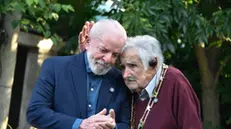 epa11759406 Former President of Uruguay Jose Mujica (R) embraces Brazilian President Luiz Inacio Lula da Silva during a meeting in Montevideo, Uruguay, 05 December 2024. Lula da Silva met with Mujica to condecorate with Brazilian National Order of the Southern Cross. EPA/Federico Gutierrez