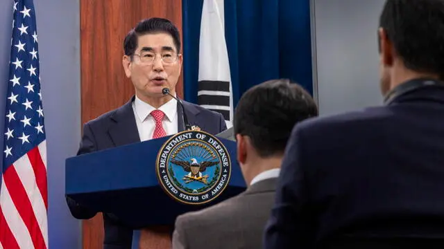 epa11692850 South Korean Defense Minister Kim Yong Hyun responds to a question from the news media, during a joint press conference with US Secretary of Defense Lloyd Austin, at the Pentagon in Arlington, Virginia, USA, 30 October 2024. Secretary Austin is hosting the South Korean Defense Minister Kim Yong Hyun for the US-Republic of Korea (ROK) Security Consultative Meeting (SCM), at the Pentagon. EPA/SHAWN THEW