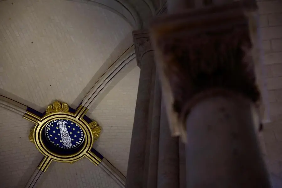 epa11764454 View of a detail of the ceiling during the inaugural Mass, with the consecration of the high altar, at the Notre-Dame de Paris Cathedral in Paris, France, 08 December 2024. The Notre Dame de Paris Cathedral reopened on 07 December after nearly six years of renovation work following its destruction by a fire on 15 April 2019. EPA/SARAH MEYSSONNIER / POOL MAXPPP OUT