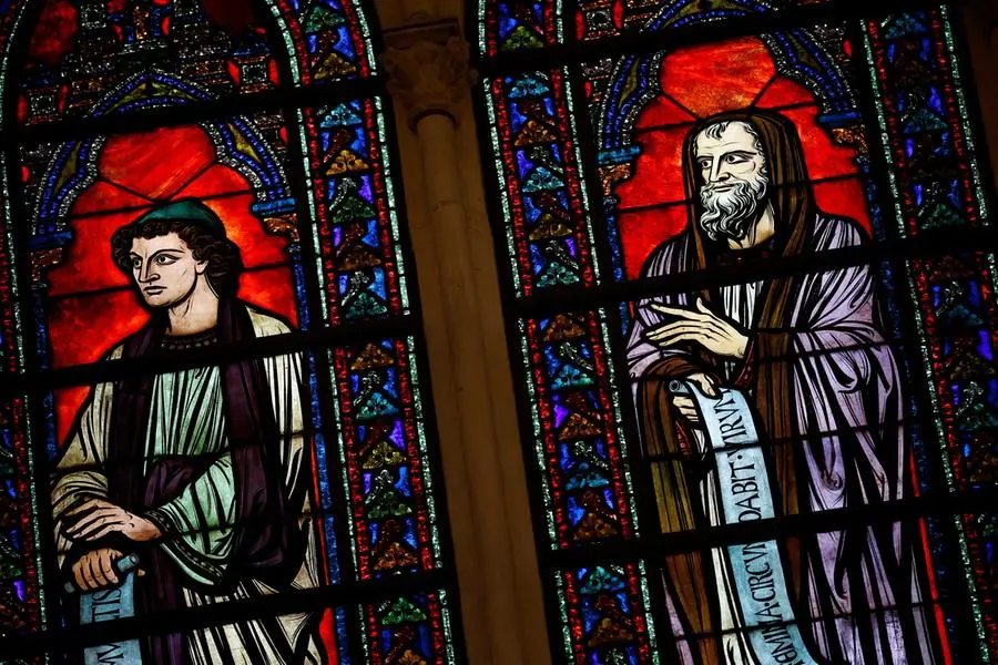 epa11764339 View of the stained glass windows during the inaugural Mass, with the consecration of the high altar, at the Notre-Dame de Paris Cathedral in Paris, France, 08 December 2024. The Notre Dame de Paris Cathedral reopened on 07 December after nearly six years of renovation work following its destruction by a fire on 15 April 2019. EPA/SARAH MEYSSONNIER / POOL MAXPPP OUT