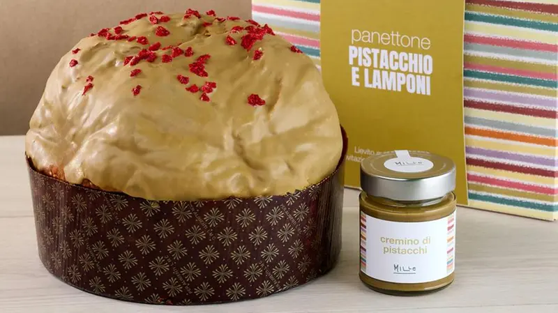 Il panettone pistacchio e lamponi di Gelateria Mille a Verolanuova